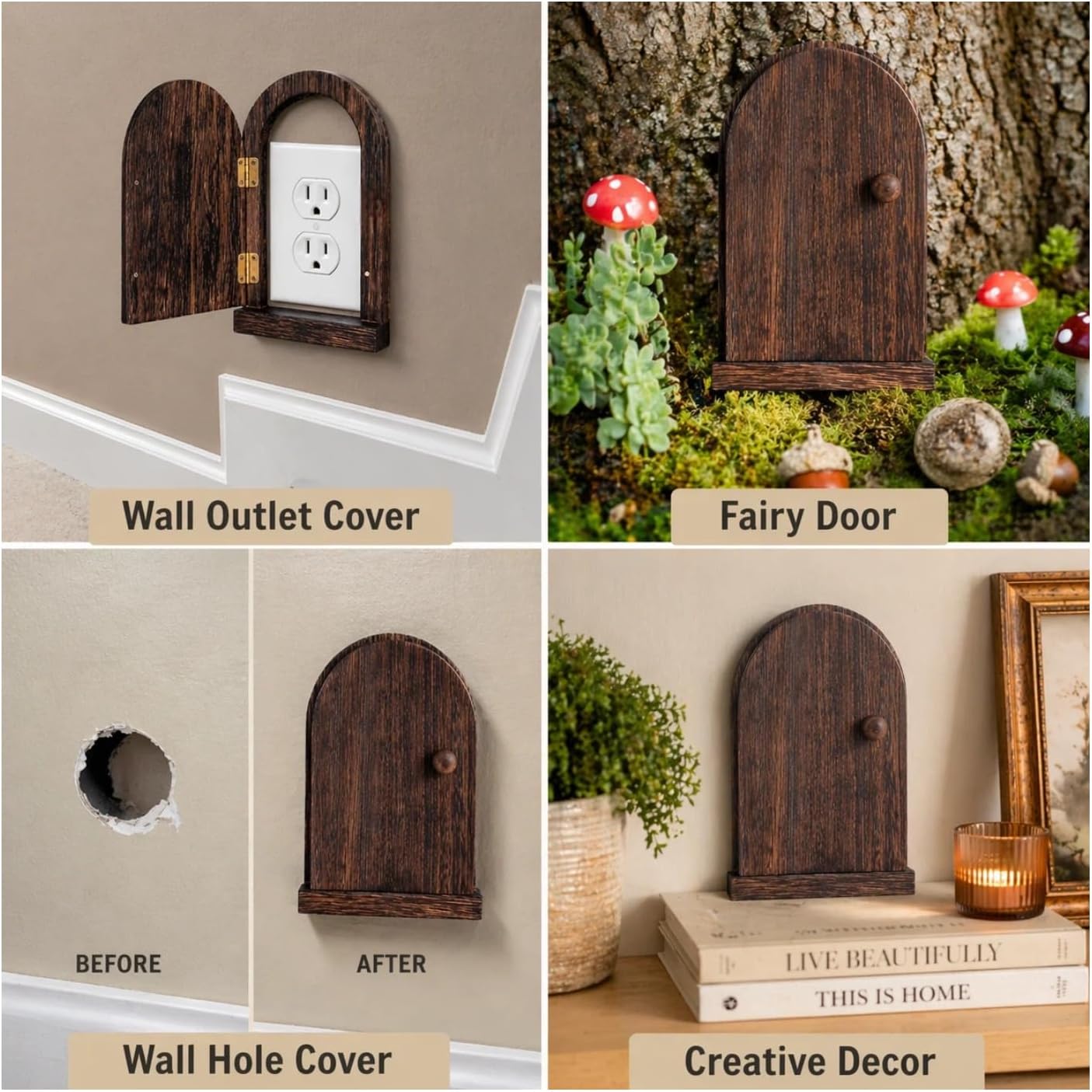Upgraded Self-Adhesive Fairy Door Outlet Cover – Creative Wooden Cover that Conceals Wall Plates, Duplex Outlets, Switches, Stains & Wall Holes – Elf Door Wall Decor that Opens – 7.87'' Paulownia Wood