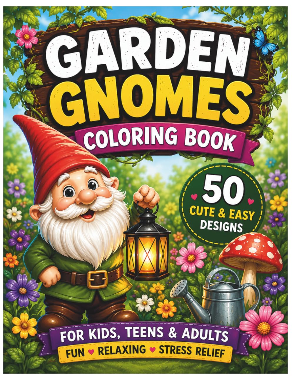 Magical Garden Gnomes Coloring Book: 50 Cute & Easy Coloring Pages for Kids, Adults, Relaxation & Stress Relief