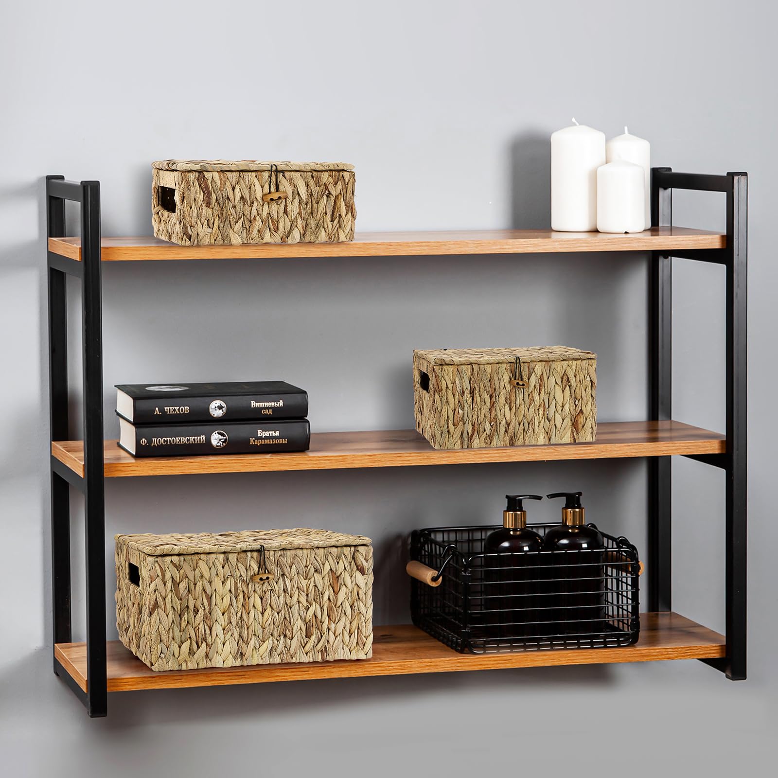 OGANAZI - Cajas de mimbre de jacinto de agua natural, cestas de almacenamiento de mimbre tejido con tapas, cestas de almacenamiento para baño, dormitorio, cocina, oficina, 36 x 24 x 18 cm (grande)