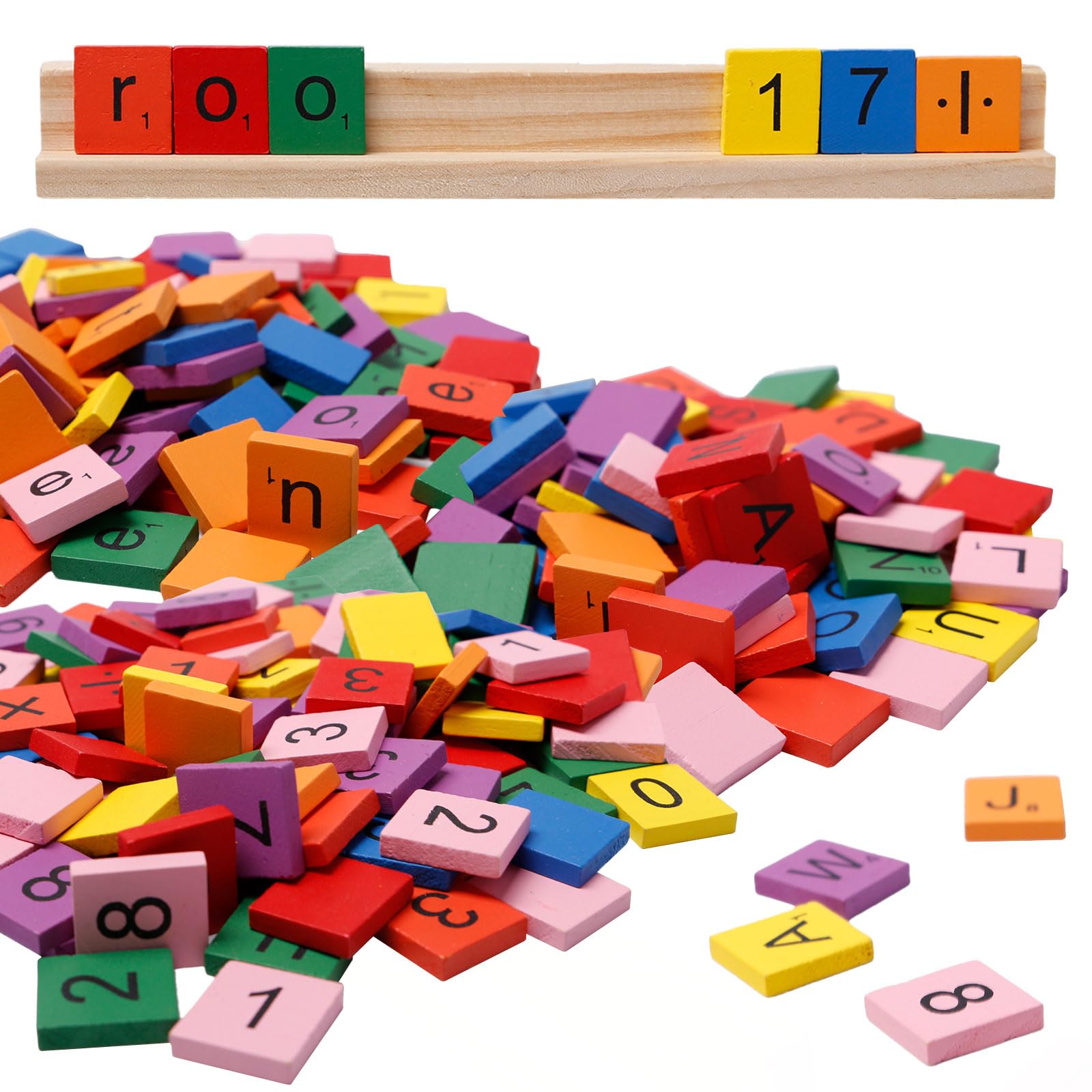 Bofanze 301 PCS Wood Scrabble Tiles,Coloured Letters & Numbers,Wood Colorful Scrabble Puzzle Alphabets A to Z mit Replacement Letter Tiles Holder for Children's Education and Room Decoration 20184mm