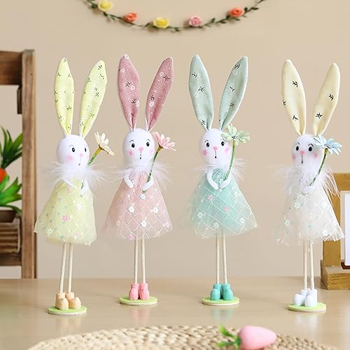 DUBEDAT 4 figuras de conejo de Pascua de pie de 9.45 pulgadas, conejito de peluche pastel de primavera con flores, linda muñeca de conejo para