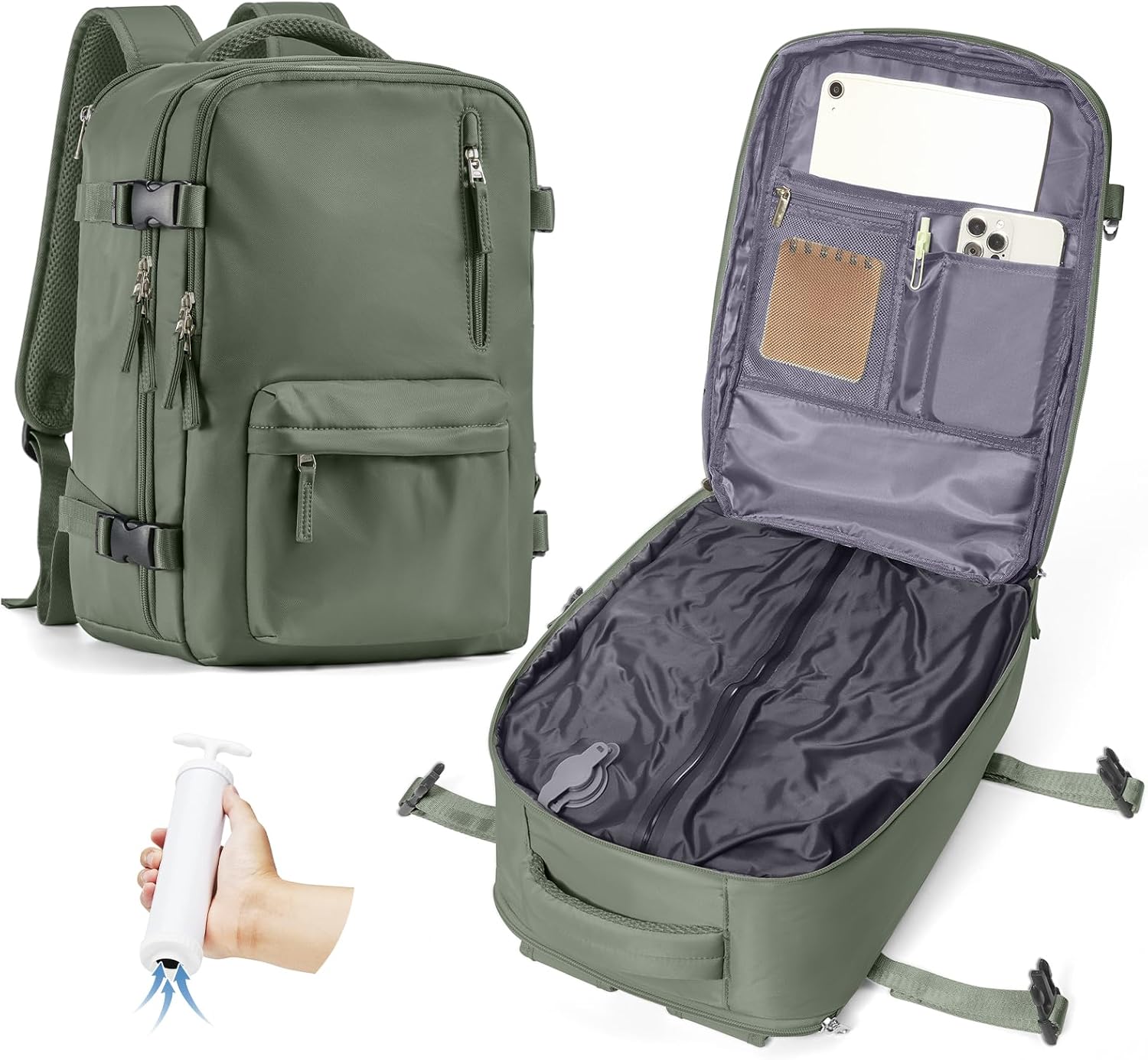 Vacuum Travel Backpack with Pump – 40x20x25cm (Ryanair Cabin), B3-green, Daypack