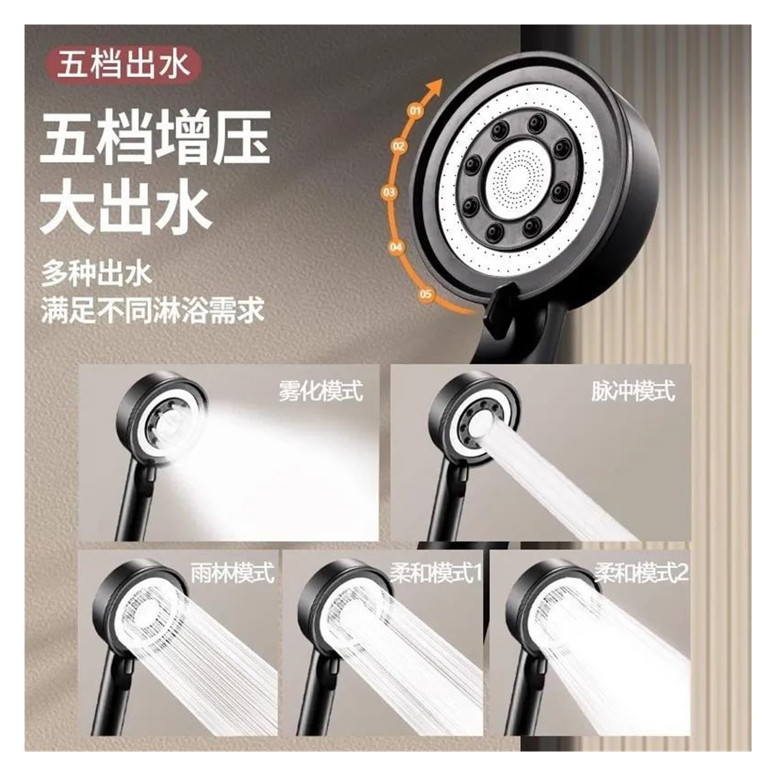 Doccia a pressione forte, soffione doccia regolabile in 5 modalità, ugello per spa, soffione doccia portatile(Silver)