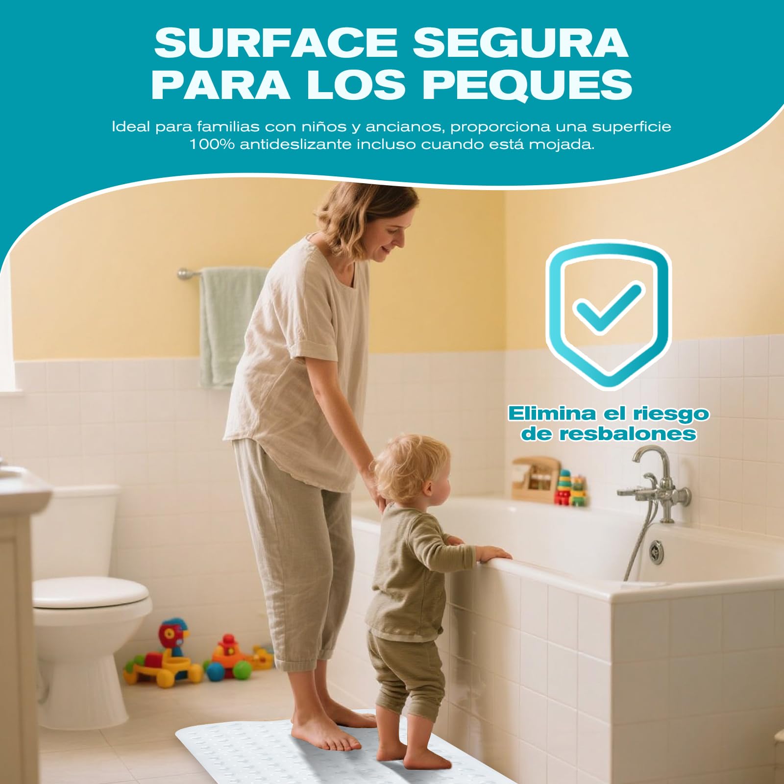 Alfombra Antideslizante para Bañera y Ducha 100x40cm, 200 Ventosas Ultra-Fuertes, Material Suave Antibacterial, Lavable a Máquina, Color Anti-Manchas, Seguridad Familiar (Transparente)