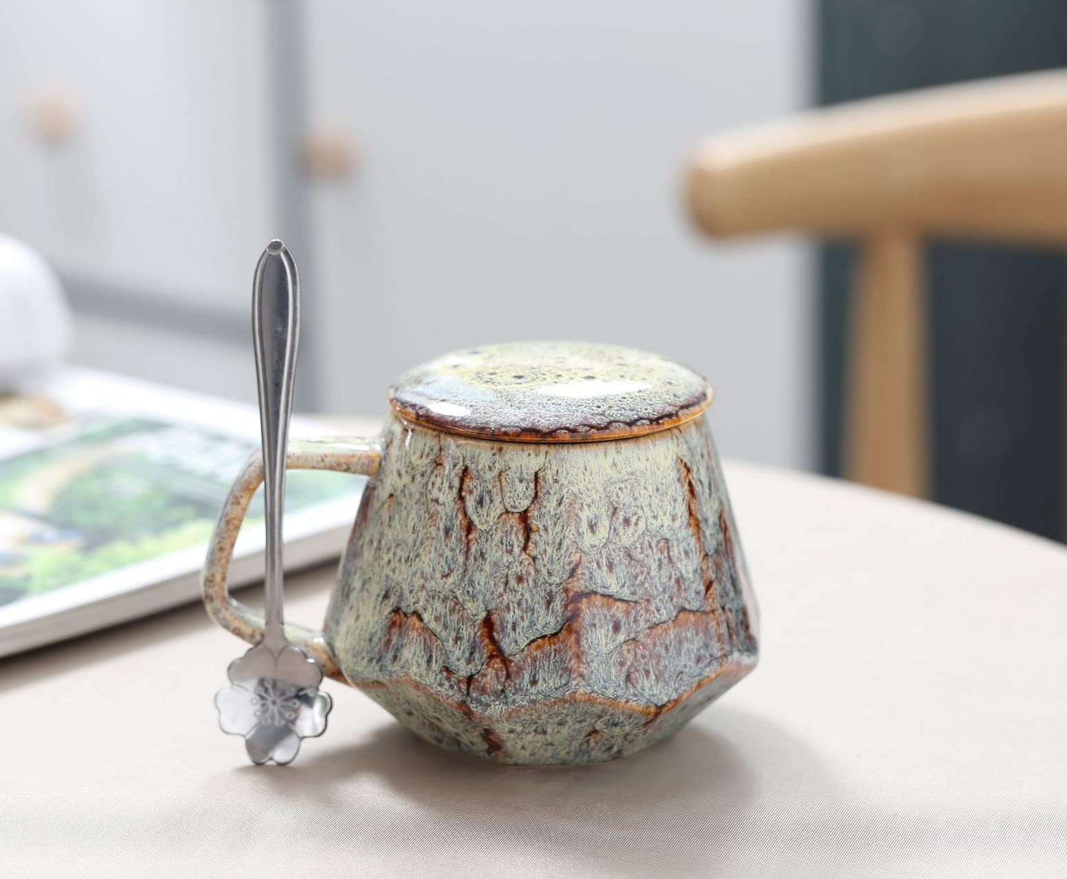 Kaffeetassen aus Keramik im Vintage-Stil, 340 ml, Espressotassen und Untertassen, einzigartige handgefertigte Tasse, kleine oder doppelte Espressotassen, Kaffeetasse mit Deckel (FA