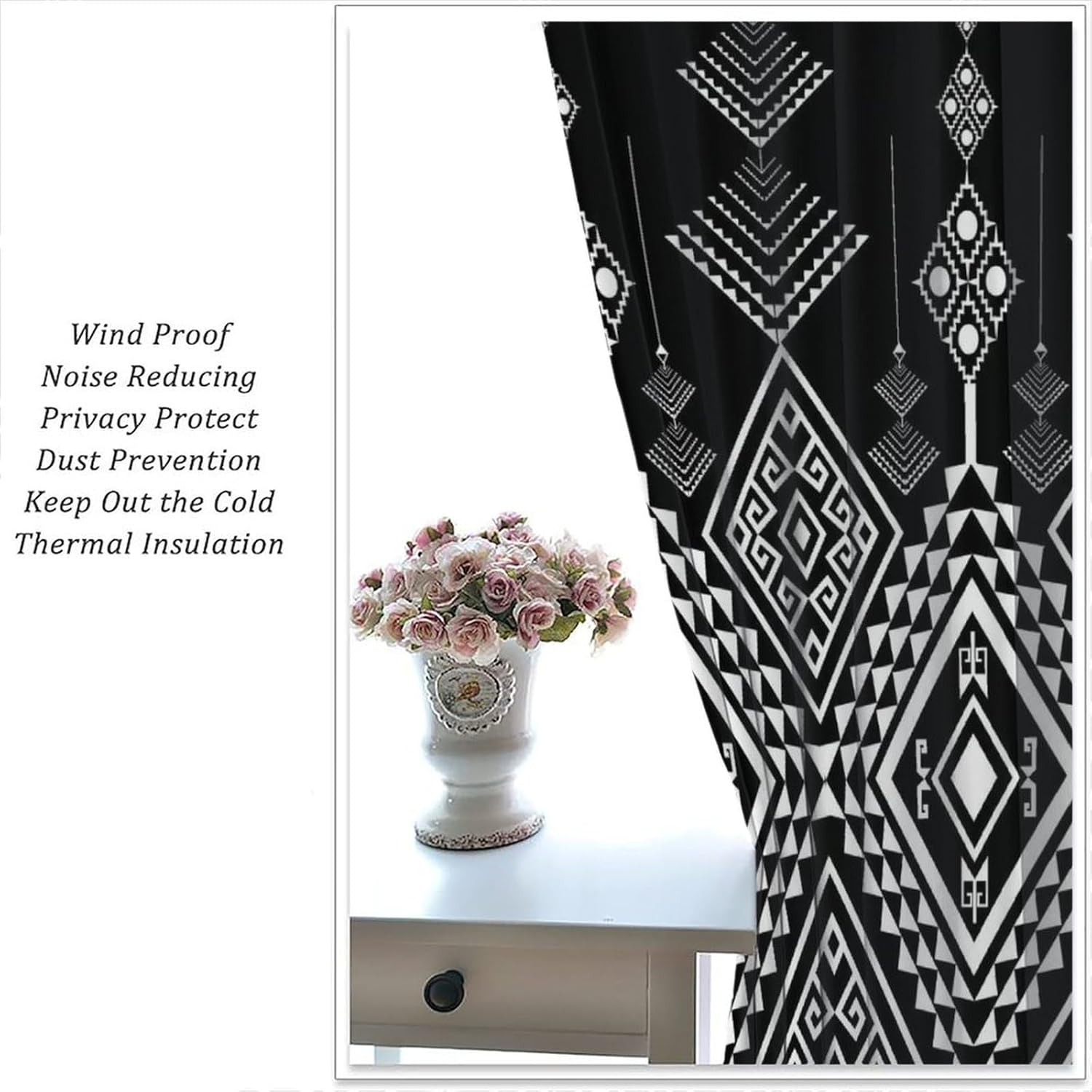 Aztec Curtains for Bedroom, Classic Black and White Abstract Geometric Vintage Textured Boho Print Blackout Rod Pocket Window Treatments Drapes for Bedroom Living Room Bathroom42x45in