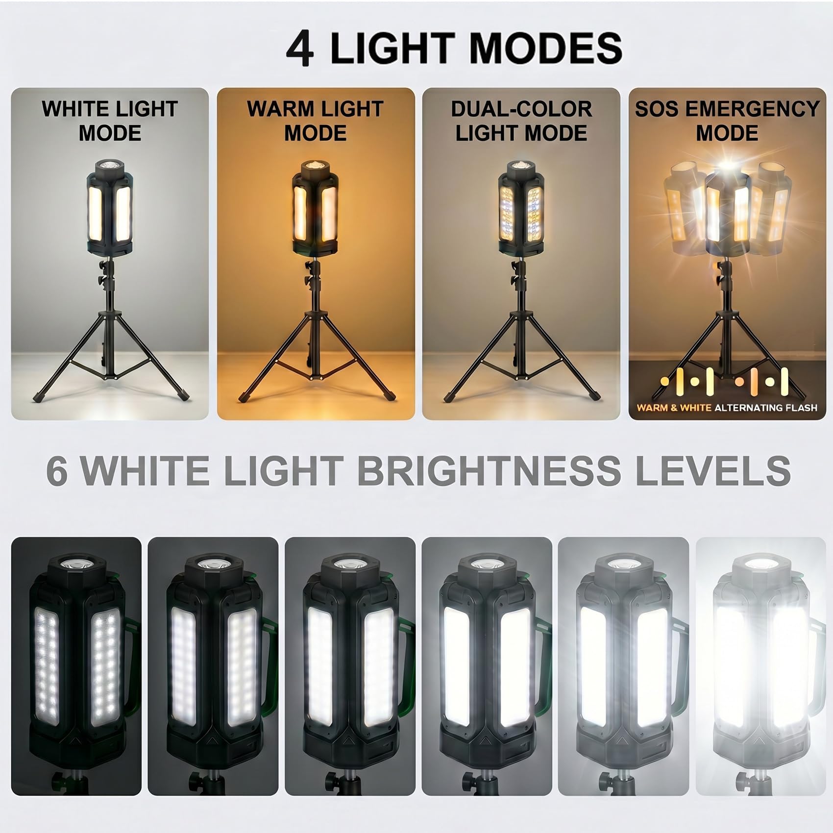 Luz de camping portátil con soporte, 20000 mAh, 63 pulgadas, recargable, linterna de campamento con bolsa para garaje, trabajo al aire libre, cortes de energía de emergencia