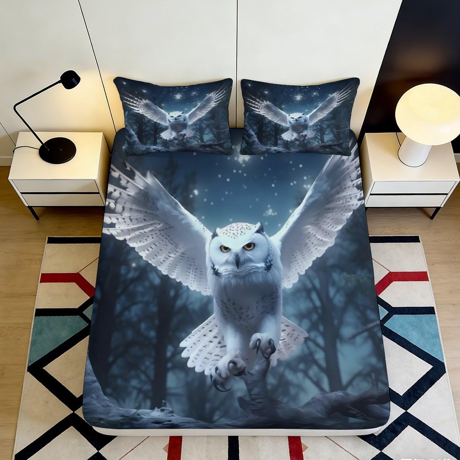 3D Printed Snowy Owl Fitted Sheet Microfiber Soft Breathable Night Forest Mattress Cover for Bedroom Dorm Decor 90x200x25cm