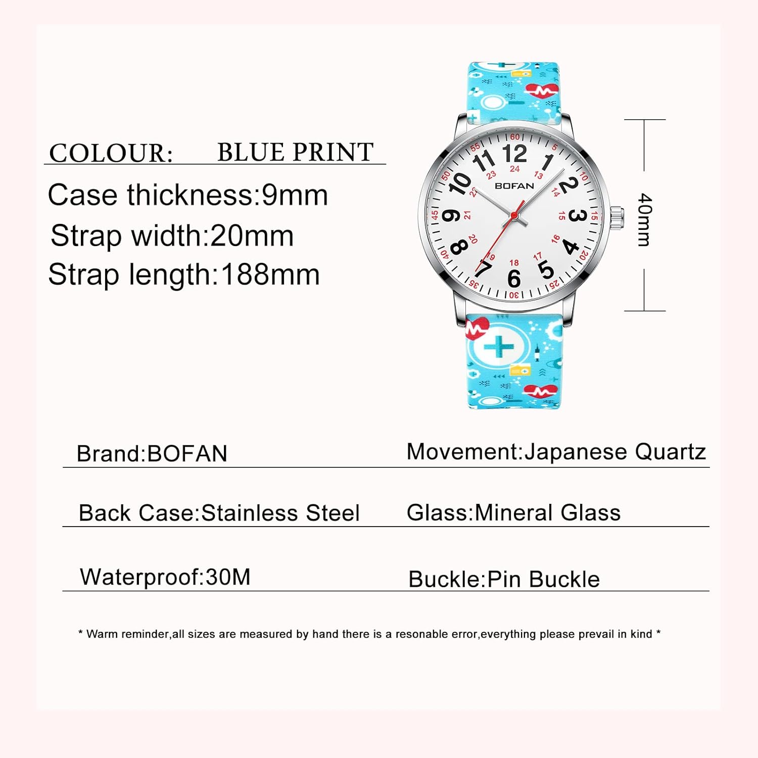 BOFAN Nurse Watch for Medical Professionals,Students,Doctors with Easy to Read Dial,Second Hand and 24 Hour,Soft Comfort Print Silicone Band,Water Resistant - Image 5