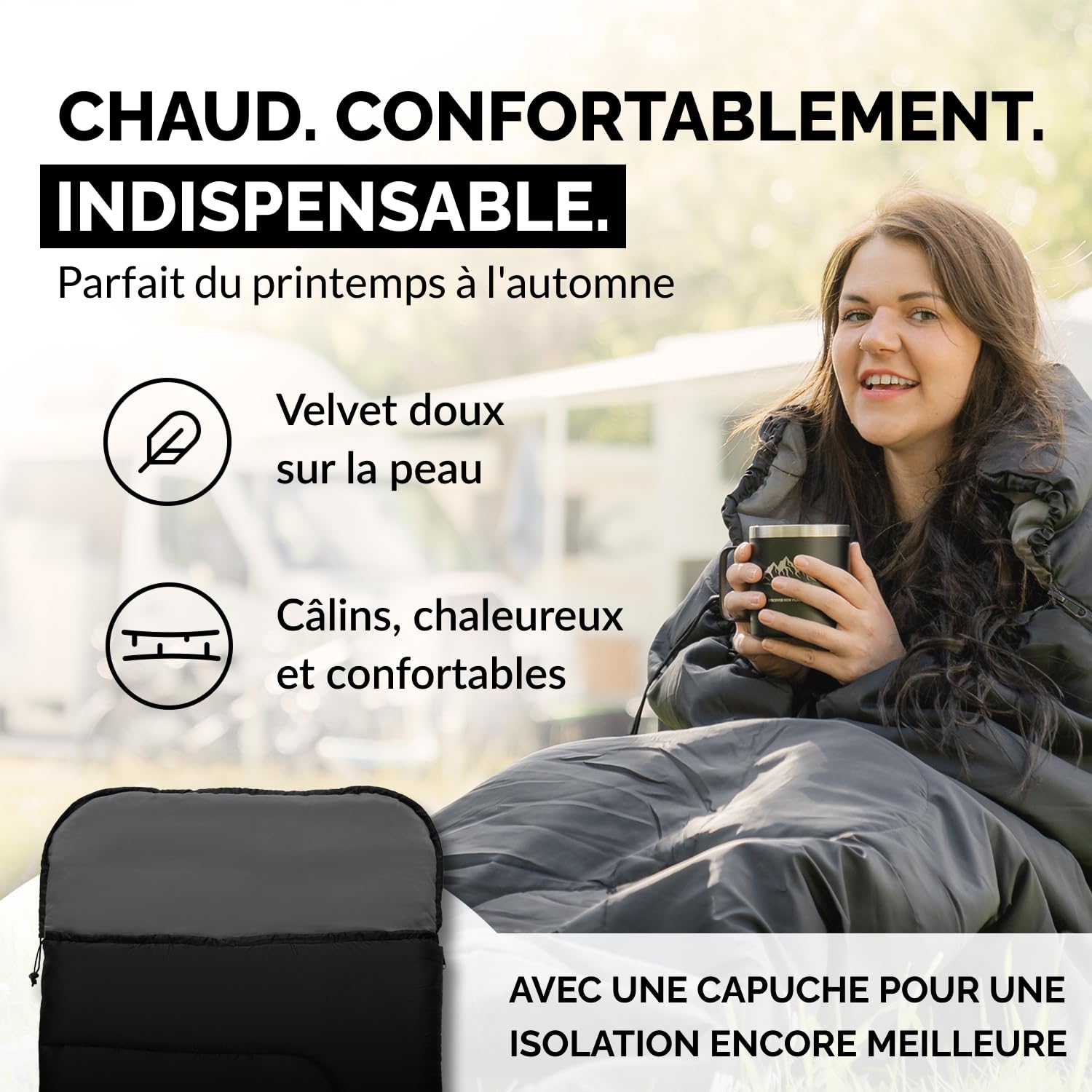 Sac de Couchage Couverture 3-4 Saisons, Sac de Couchage d'extérieur pour Camping avec Coussin, Sac de Couchage Douillet et Chaud, avec ou sans Capuche, pour Adultes, Sac de Couchage d'été