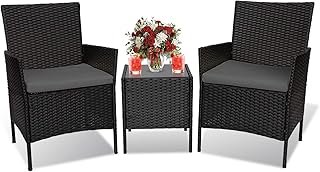 Fine Style 3 Piece Patio Furniture Set,Outdoor Wicker Rattan Conversation Set,Porch PE Outdoor Set with Coffee Table, Chai...
