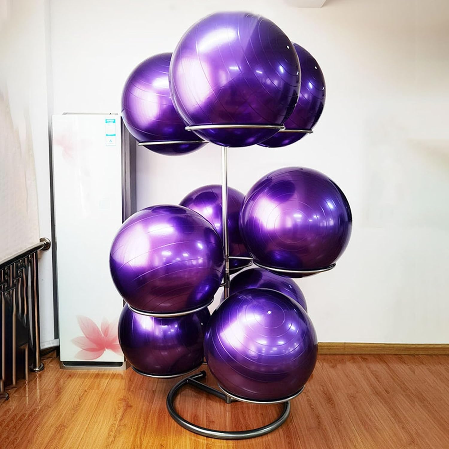Yoga Mat Holder Metal Yoga Ball Holder Holds 9 Balls, Large Exercise Ball Holder for Home Gym Yoga Studio Gymnasiums, Adjustable Spacing & Angle of Rings,Sapphire Blue,Silver-