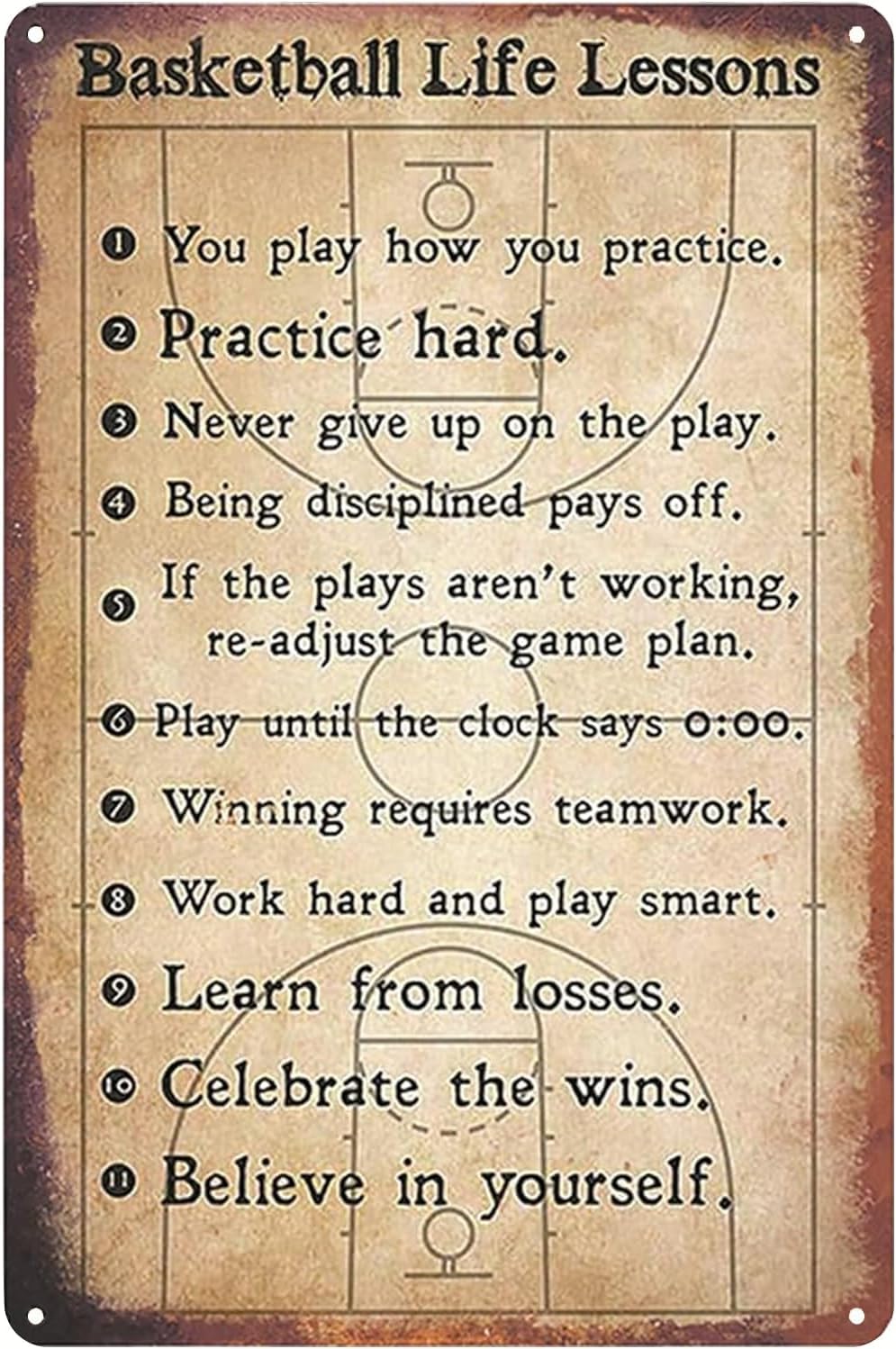 SMAZDFXX Basketball Life Lessons Tin Sign Vintage Metal Poster Positive Quotes Uplifting Motivational Wall Art Decor Plaque for Home Office Living Room Gym Classroom 5.5"x8"