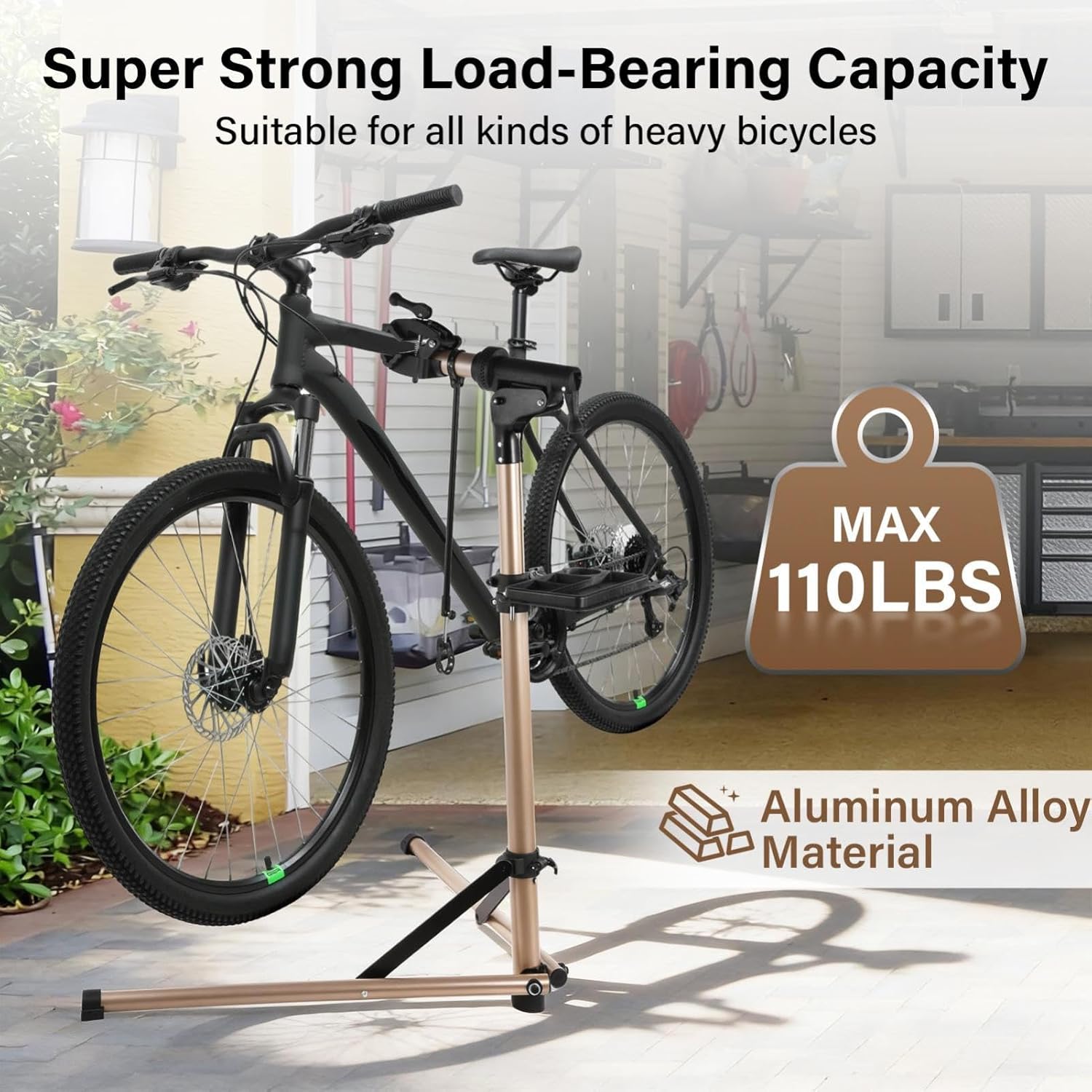 Bike Repair Stand, Bicycles Repair Stand 110 Lbs Load Capacity, Bikes Work Stands With Tool Tray & 360° Swivel Clamp, Adjustable Height 38.6" To 62" For E-bikes, Mountain Road