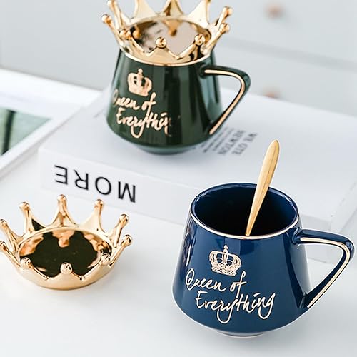 Miniatura 3 de Taza Queen of Everything con tapa, bonitas tazas de regalo con corona, taza de café azul oscuro con cuchara y posavasos de 12 onzas, taza de té de