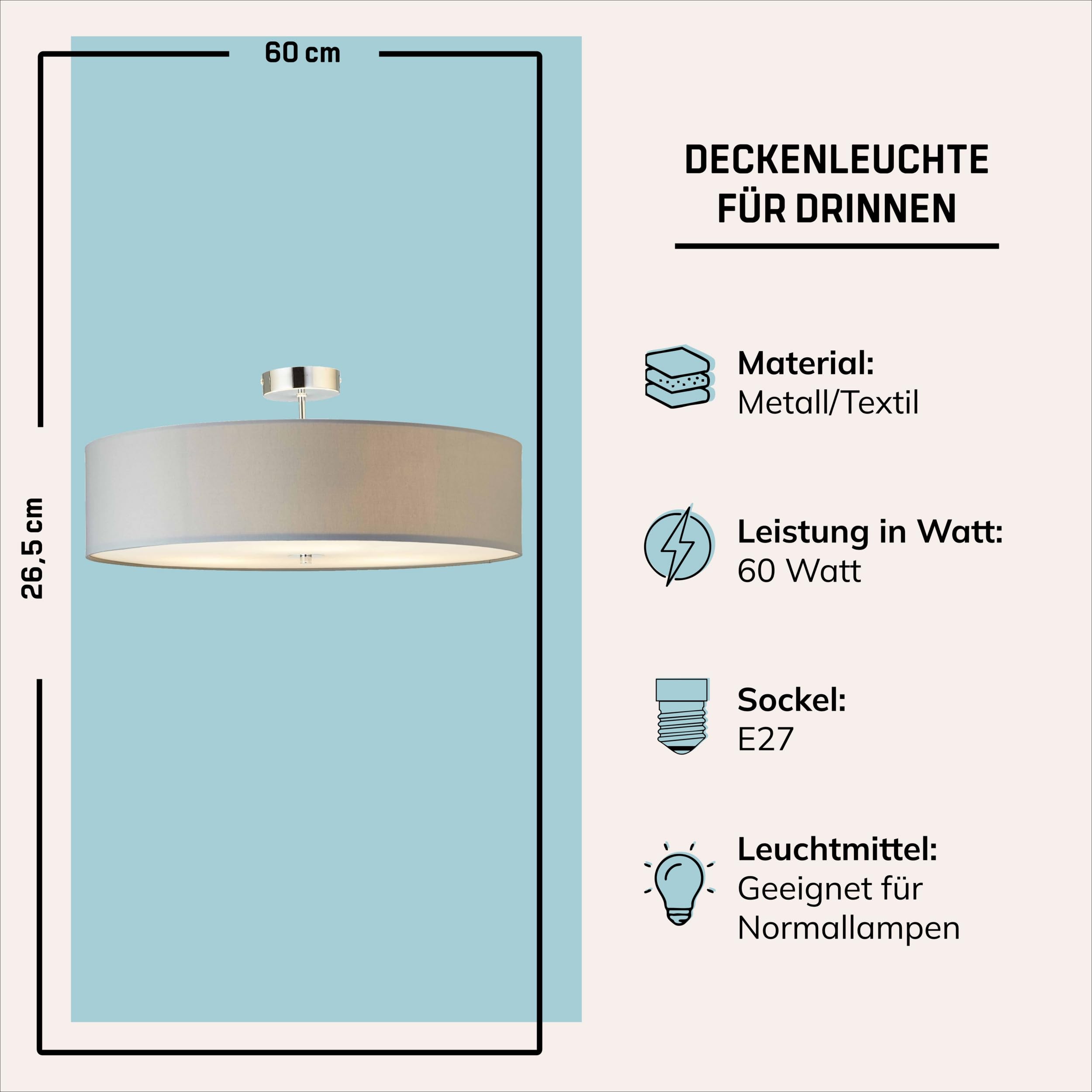 Lightbox Lampada da soffitto design semplice con paralume in tessuto | Ø 60 cm | plafoniera moderna | 3x presa E27 | in metallo/tessuto grigio chiaro/cromo