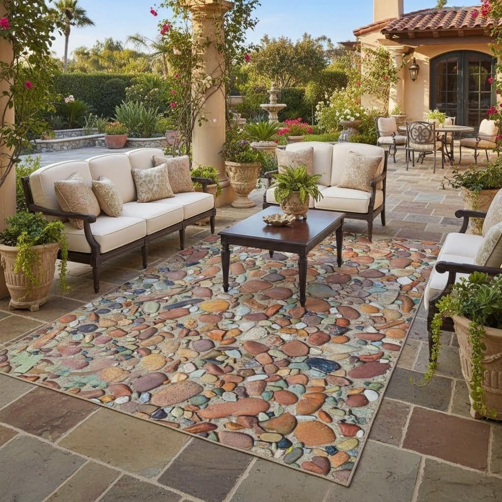 Seaside Bright Colorful Pebbles Modern Outdoor Area Rug for Patio Deck Backyard Waterproof Non Slip Thin Machine Washable Floorcover Rugs Pool Porch Balcony Garden Camping Art Decor Carpets 5x7