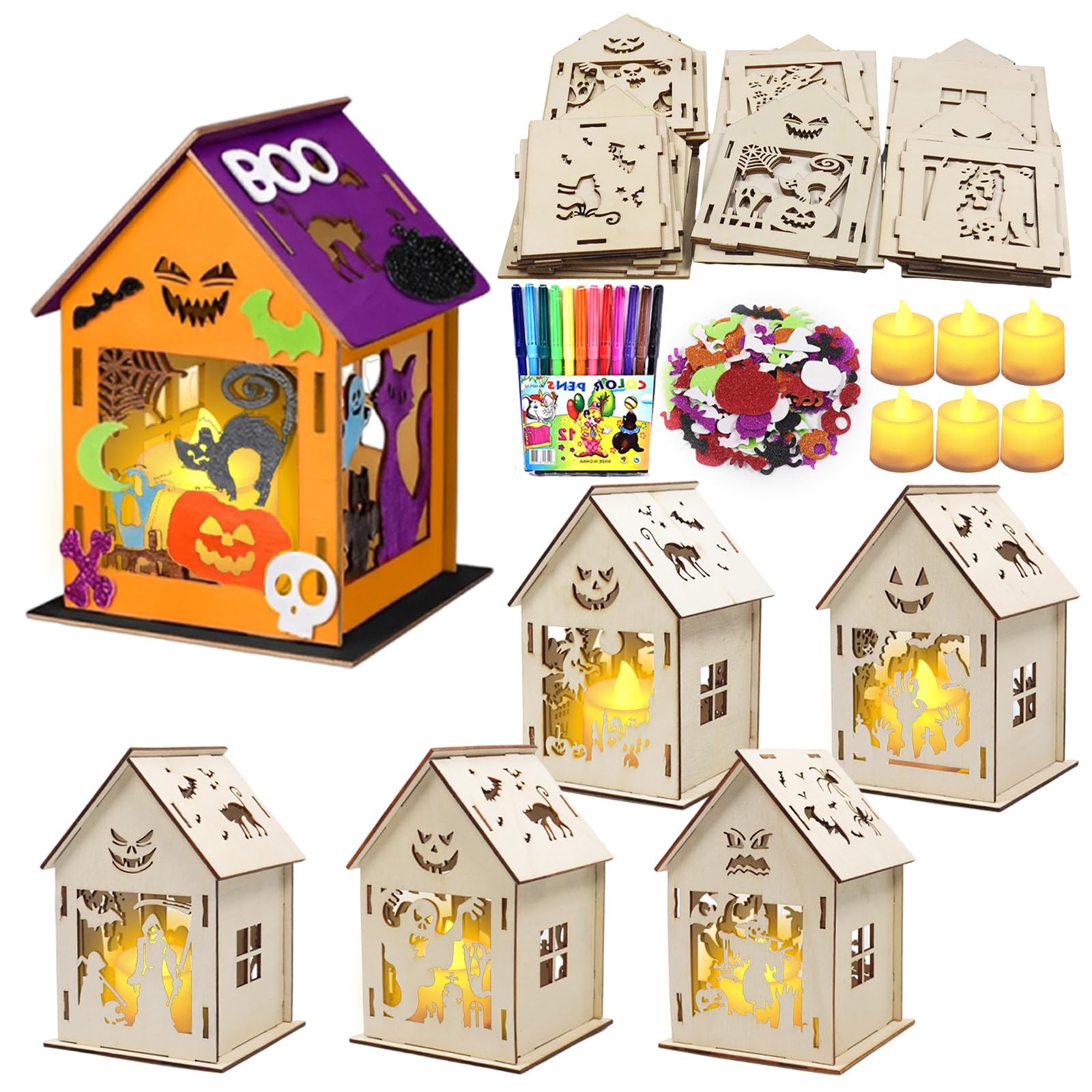 Kit Maison Hantée Halloween à Assembler - 6 Maisons En Bois Avec LED, Peinture Et Stickers - Activité Manuelle Enfant Automne