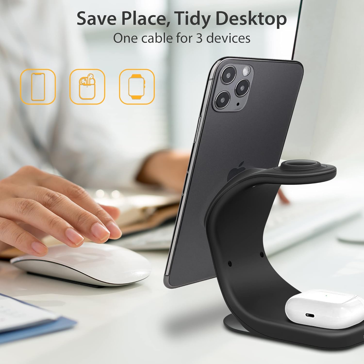 3 in 1 Magsafe Compatible Wireless Charging Station for iPhone 16/15/14/13 /12/12Pro/12Pro Max/12Mini, iWatch 10/9/8/7/6, AirPods 2/Pro, Compatible with MagSafe Cases (QC 3.0 Adapter Included)