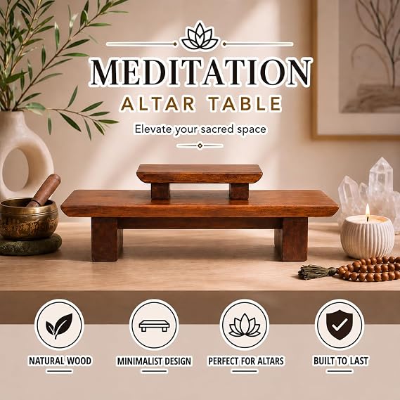 Meditation Altar table – 21 x 7.5 x 6 Inch Handmade Tiered Puja Table for Relaxation, Prayer - Buddha Shrine Altar Made of Solid and Rich Mango Wood