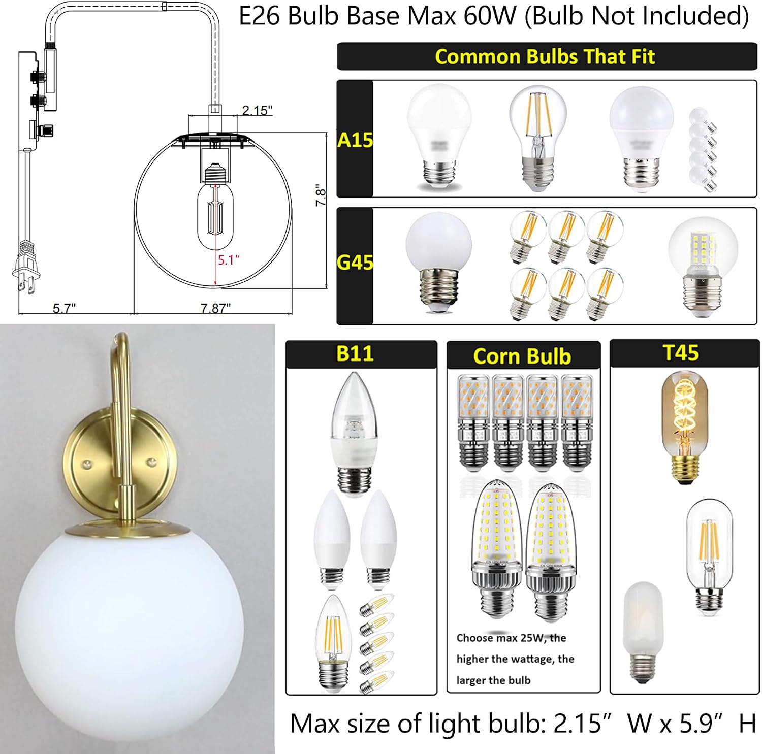 DAYCENT Gold Plug in Wall Sconce with Milk Glass Shade Globe Sconces Wall Lighting Modern 1-Light Brass Swing Arm Wall Light Fixture for Hallway Bathroom Bedroom, On/Off Switch