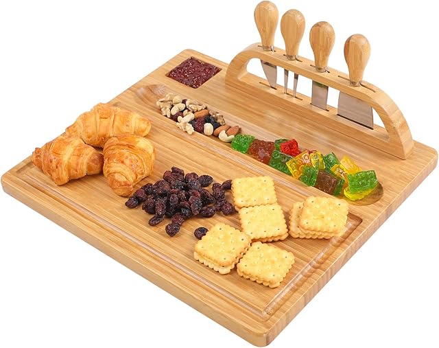 Utoplike Bamboo Cheese Board and Knife Set, Cheese Plates and Cheese Serving Tray for Wine, Crackers, Distinctive Gift, Birthday Anniversary, Wedding Housewarming Gifts