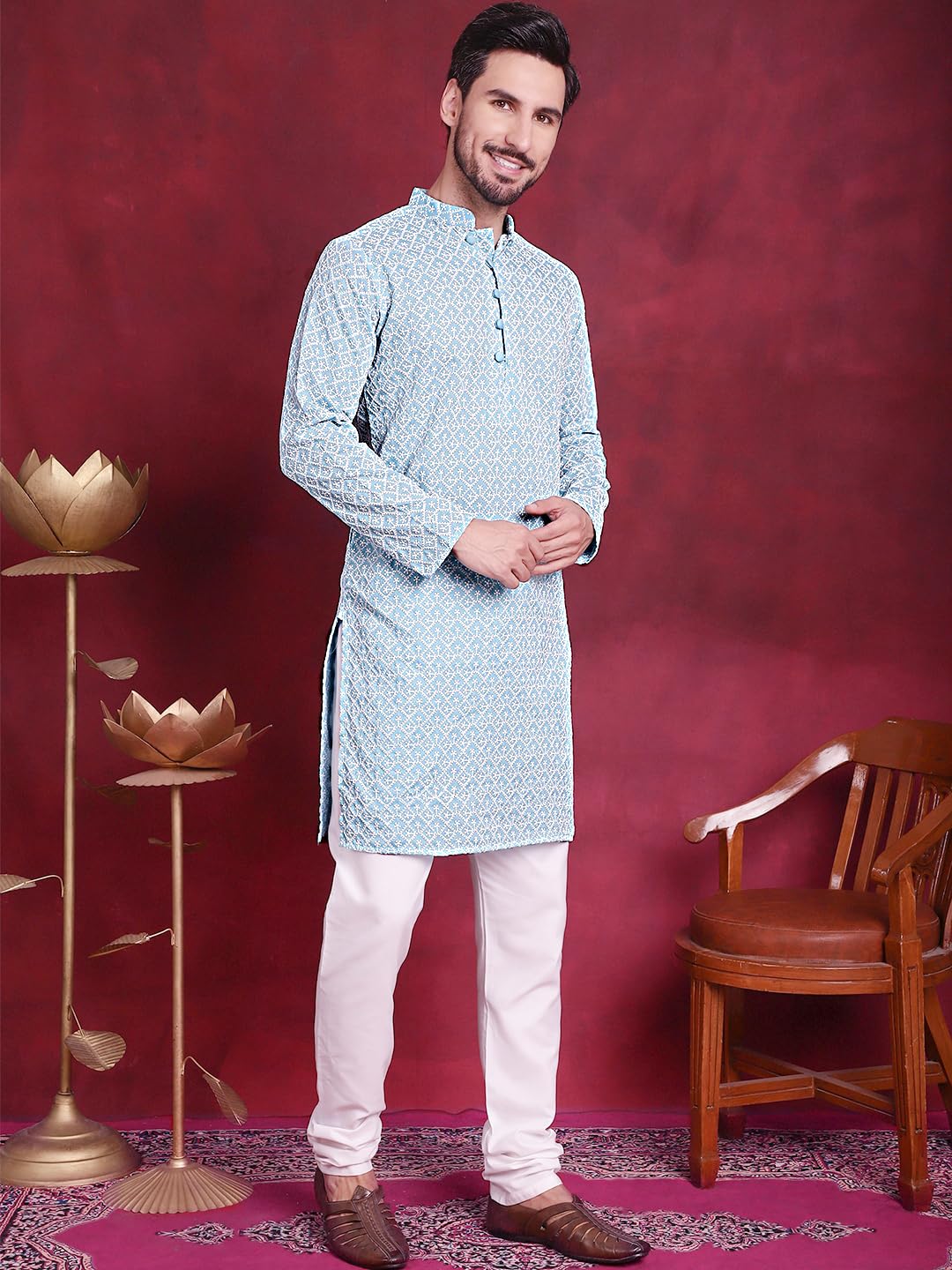 Jompers Men's Sky Blue & White Embroidered Straight Kurta Pyjama Set. (Sky, L)