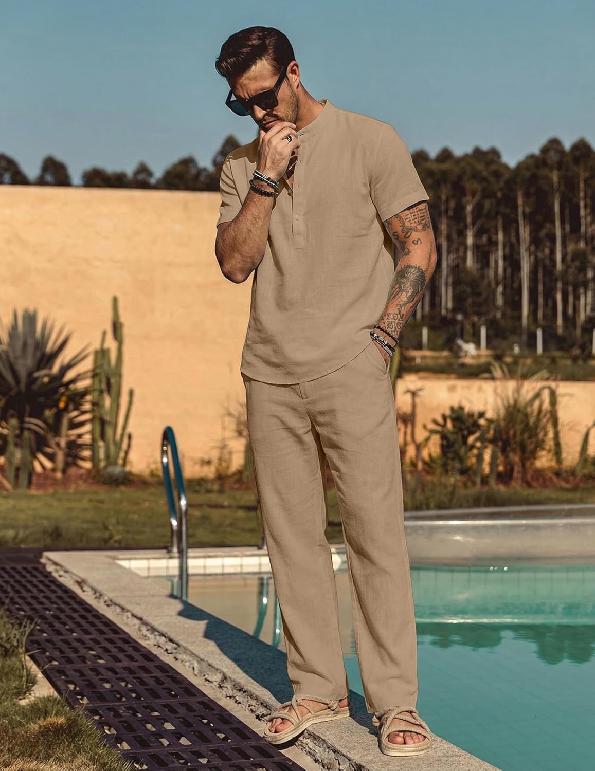 COOFANDY Mens 2 Pieces Cotton Linen Sets Short Sleeve Casual Henley Shirt Summer Beach Pants Lounge Vacation Outfits Set - Image 3