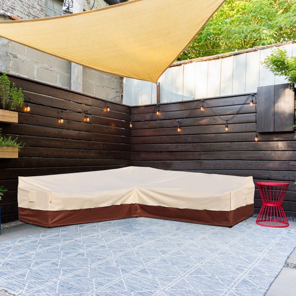 Outdoor Sectional Cover-V-Shaped Patio Furniture Covers Waterproof Rip-Stop Anti-UV 600D Heavy Duty Outdoor Couch Cover 110''L (110''L) 32''D 31''H Beige & Reddish Brown