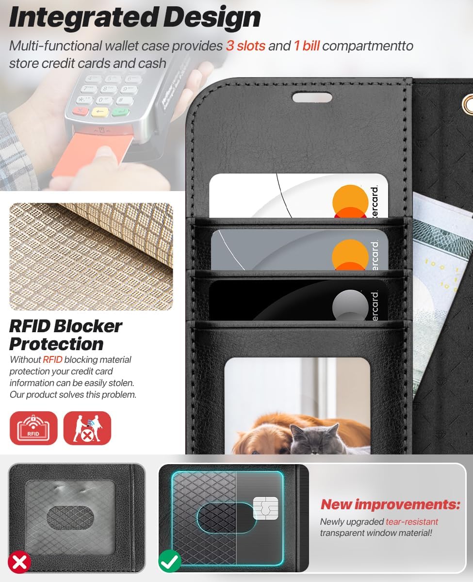 OCASE for iPhone 17 Detachable Wallet Case with Card Holder, 2 in 1 PU Leather Flip Folio with RFID Blocking Stand Wrist Strap Shockproof Phone Cover 6.3 Inch 2025, Black