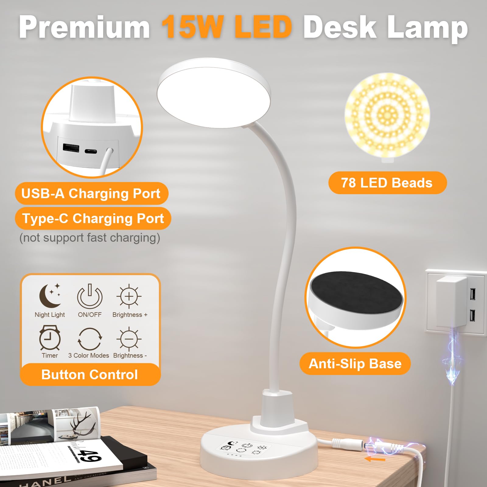 15W LED Desk Lamp with USB Charging Ports – Dimmable Table Lamp with 3 Color Temps, 5 Brightness, 4 Timers, Flexible Gooseneck Light with Base, Eye-Caring Reading Light for Home Office, Bedroom, Study view 8