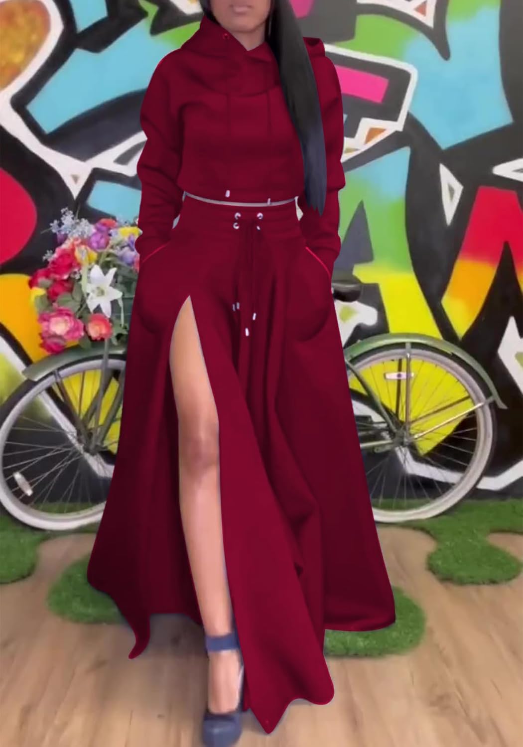 Seltaon Women's Casual 2 Piece Outfits Long Sleeves Hoodies Sweatshirts and High Waist Split Skirt Sweatsuit Lounge Sets - Image 3