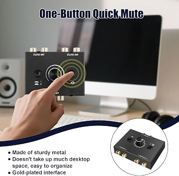 Stereo RCA Audio Switcher 2(1)-In-1(2)-Out, Bidirectional Speaker Converter Switch Box with One-Key Mute Button, Plug & Play, No External Power Required for DVD Player/Soundbar/Speaker