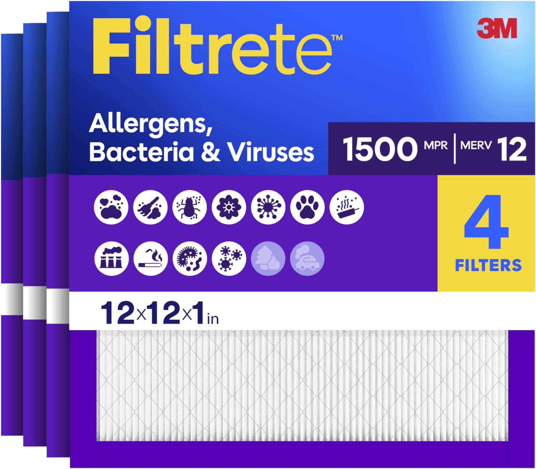 Filtrete Healthy Living Ultra Allergen Reduction AC Furnace Air Filter, Exclusive 3-in-1 3M Technology, MPR 1500, 12 x 12 x 1-Inches, 4-Pack