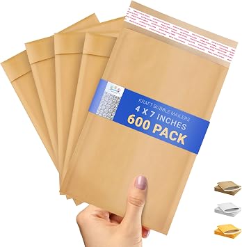 ABC PACK & SUPPLY Kraft Bubble Mailer, 4 x 7 Inches, Natural Brown Padded Envelopes Self Seal, Tear Resistant, 600 Pack, Paper Shipping Envelopes
