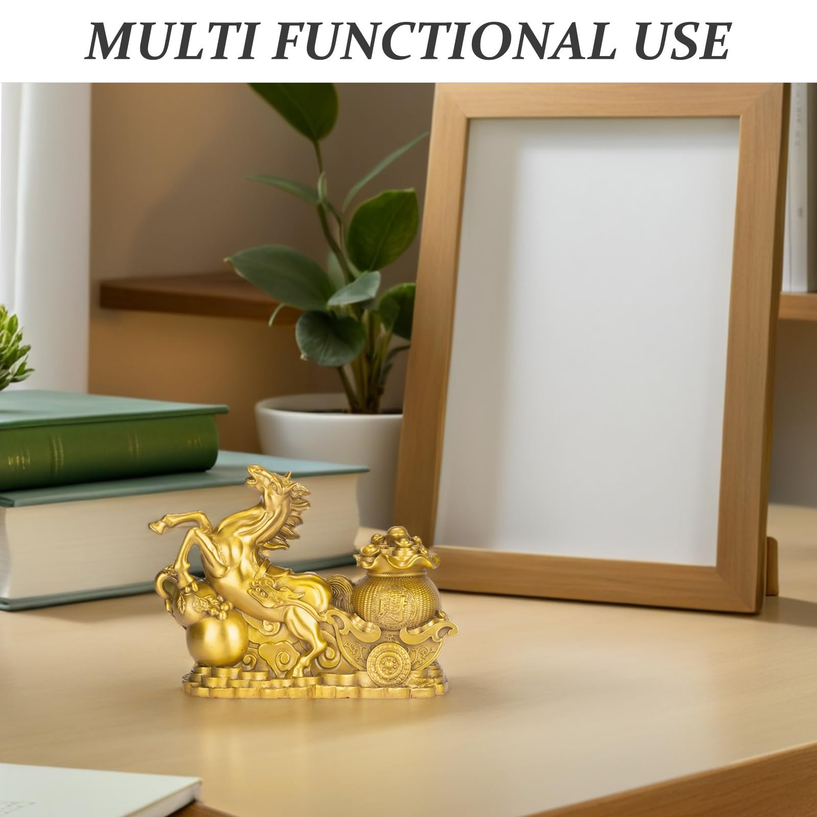 Tofficu Pferdefigur aus Messing mit Wagen, 13x10x4cm, Gold