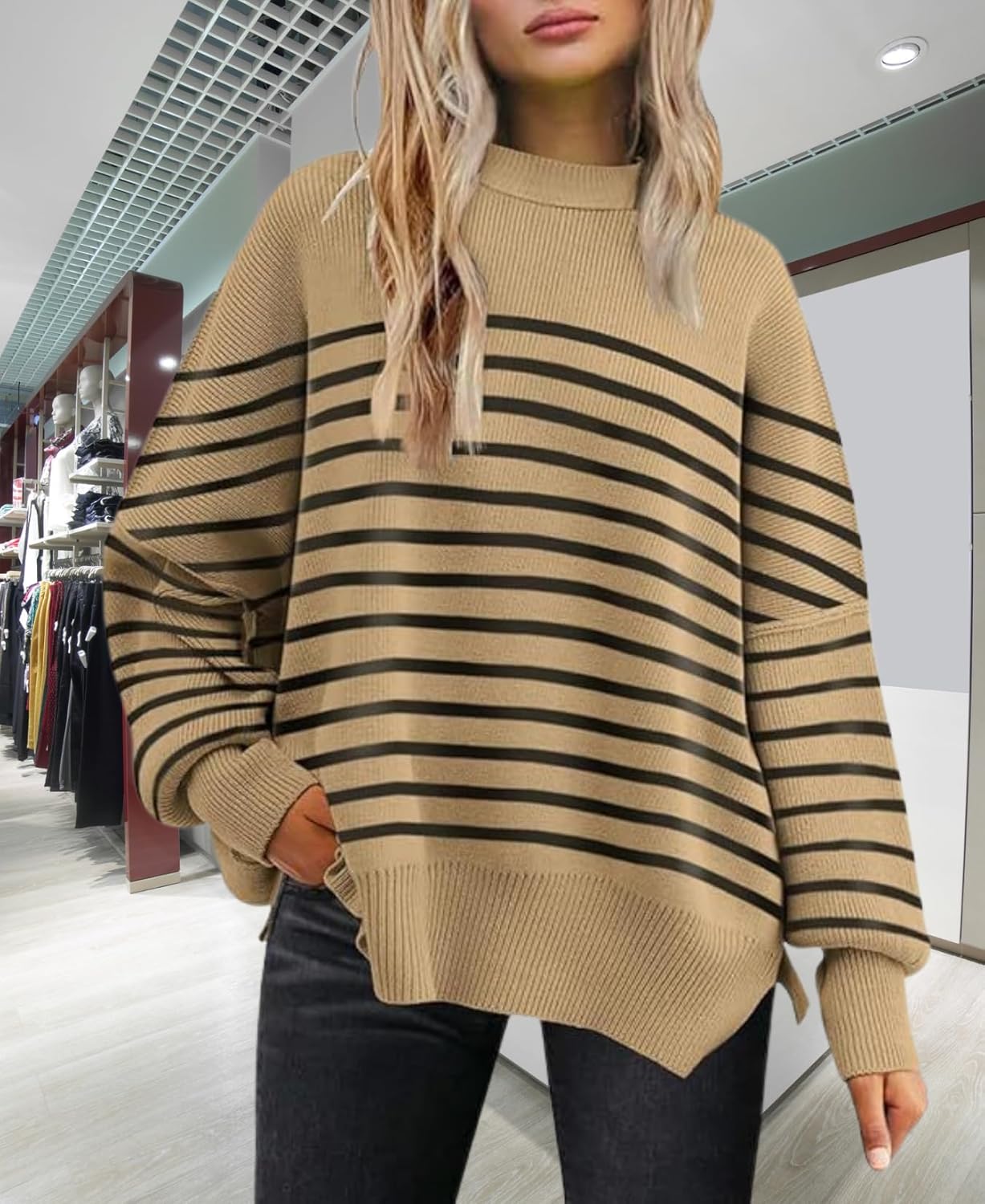 Women's Batwing Sweater Oversized Knit Pullover with Side Slits Fall Casual Crewneck Top for Fashion Outfits - Image 5
