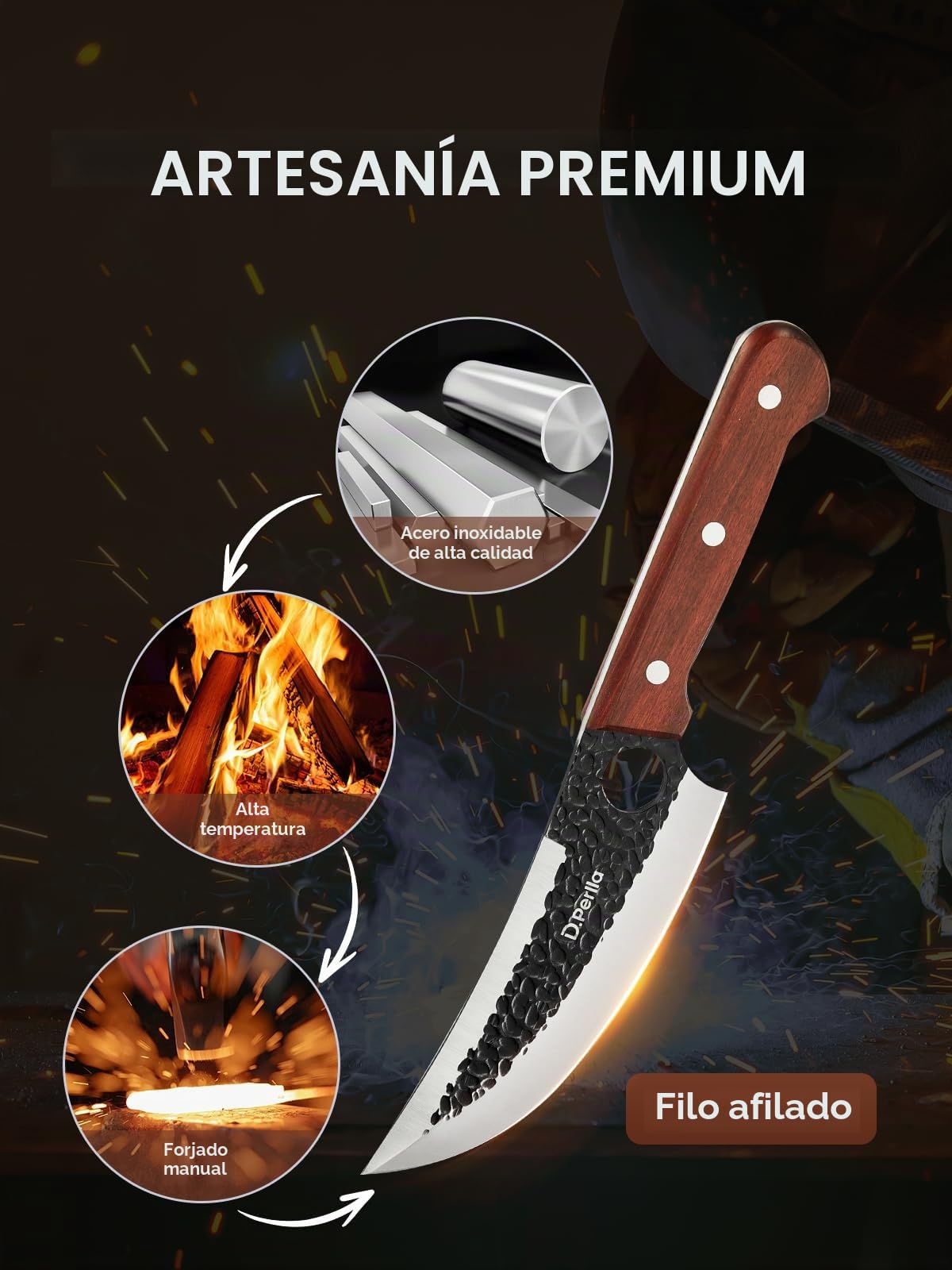 D.Perlla Juego de Cuchillo de Carnicero, 3 piezas cuchillos Japoneses para la Carne Profesional de Acero de Alto Carbono, Cuchillo Vikingo Para el Hogar la Cocina el Camping y la BBQ