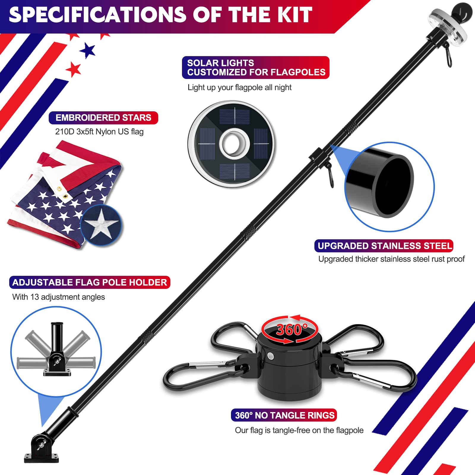 ZMTECH 5FT Flag Pole Kit with Solar Light and Embroidered American Flag, Adjustable Bracket and Upgraded Tangle-Free Ring 1