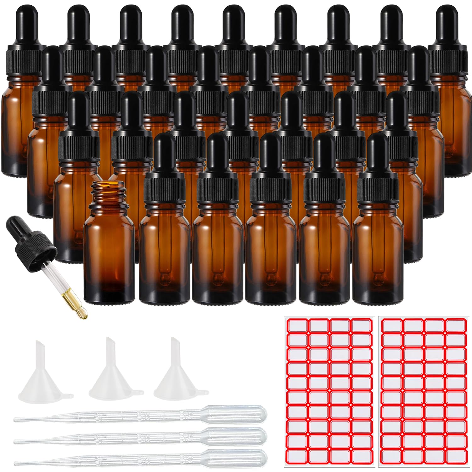 Lot de 30 flacons compte-gouttes en verre ambré de 15 ml pour huiles essentielles, parfums, liquides, laboratoires de chimie