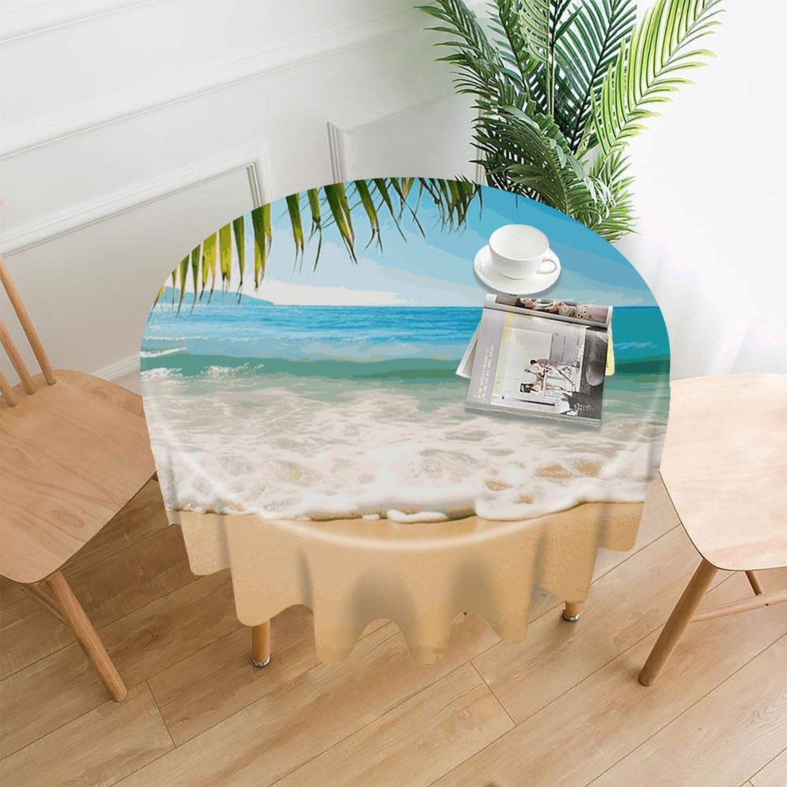 FekiLoot Ocean Sea Beach Palm Leaves Round Tablecloth Cover 60 Inch Wrinkle Free Washable Polyester Fabric Table Cover Decorative Round Table Cloth for Home Dining Kitchen Party Farmhouse