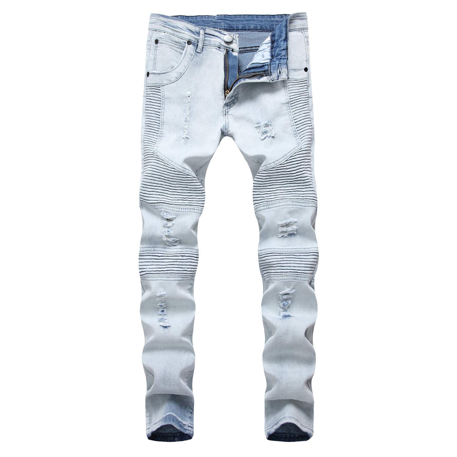 LONGBIDA Mens Ripped Biker Jeans Skinny Distressed Moto Casual Denim Pants(Blue,28)