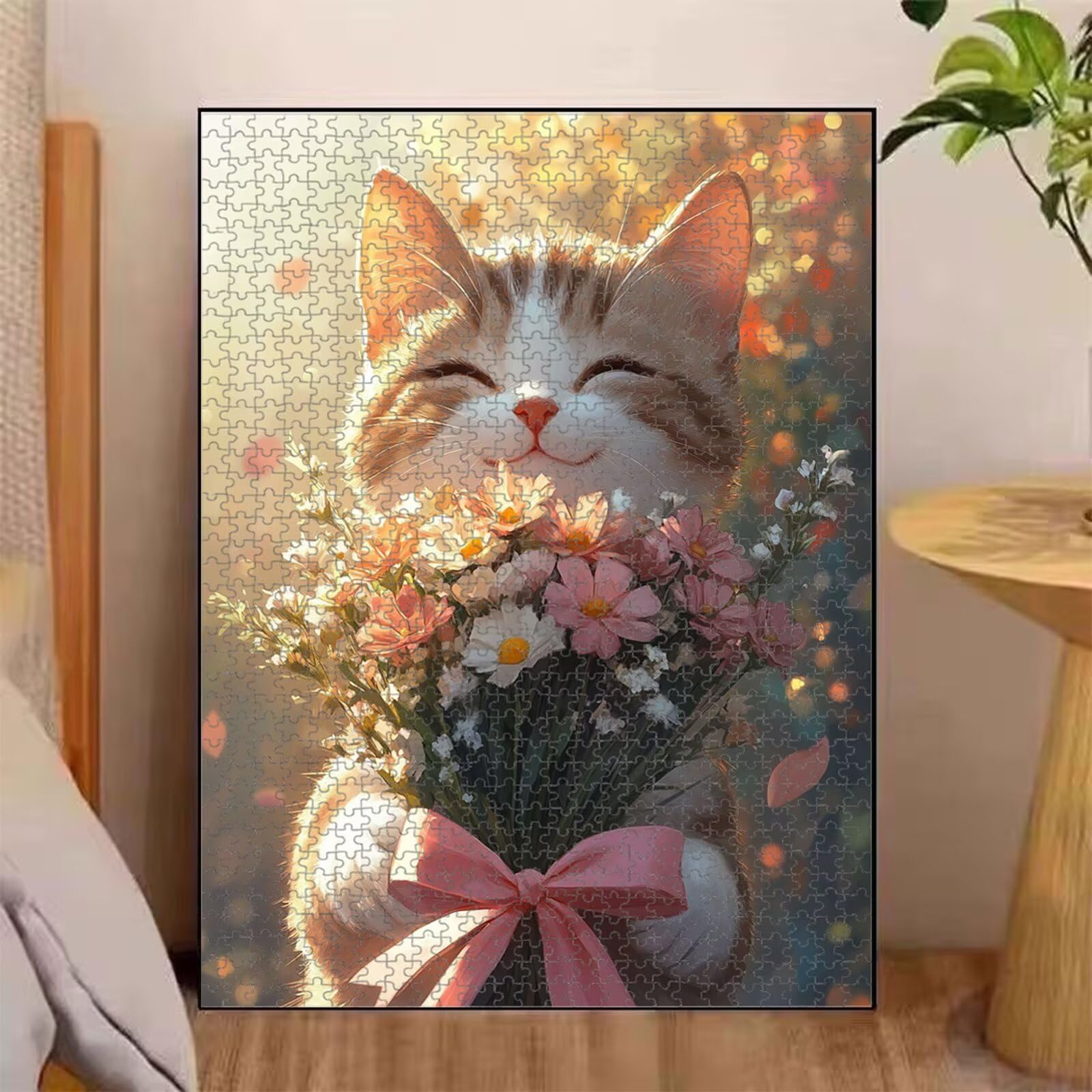 1000 sztuk puzzle dla dorosłych kot i kwiat solidne drewniane puzzle 1T#2405 | Drewniane puzzle, precyzyjne cięcie, jasne atramenty, relaksujący wypoczynek, wystrój domu, prezent, 50x75cm