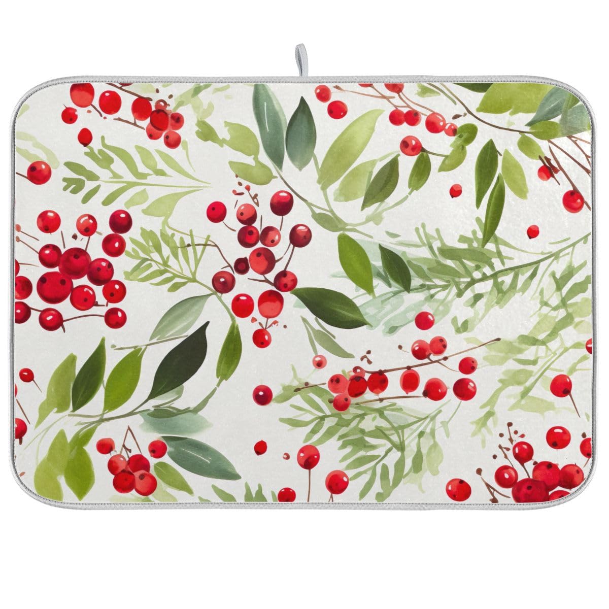 Red Berries and Green Leaves Dish Drying Mats for Kitchen Counter, 18 x 24 Inch Absorbent Coffee Mat Dish Draining Mat Quick Drying for Kitchen Counter Holiday Home Decoration