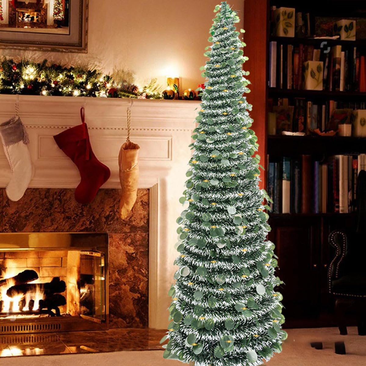Árboles de Navidad artificiales de 150cm, árbol de Navidad plegable de espumillón, decoración navideña preiluminada para el interior del hogar (verde)