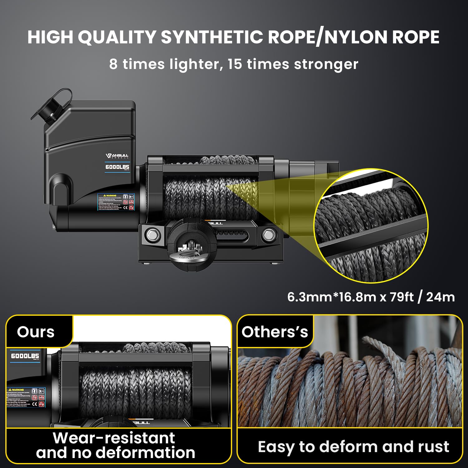 Anbull Cabrestante Eléctrico 12V 6 000 LBS/ 2722 Kg, No se requiere cableado, IP68 Impermeable, Cuerda sintética 6.3mm*16.8m, Cuerda de Nailon, Compatible para Quad, ATV, UTV