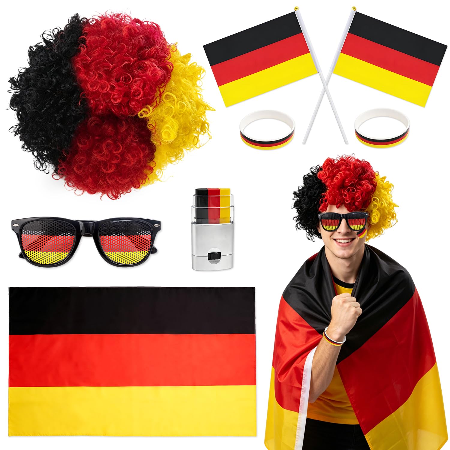 8 unidades de artículos para fans de Alemania, decoración del Mundial de Fútbol 2026, paquete con gafas de sol, lápiz de maquillaje, bandera, pulsera, bandera, peluca para fiestas, estadios