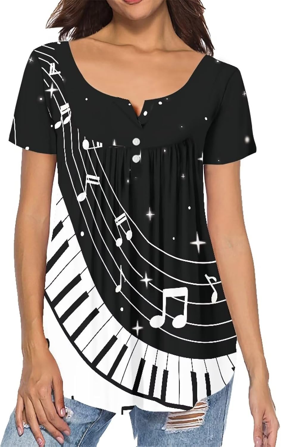 Aztec Tribal Tunic Top Women Tribe V-Neck Short Sleeve T-Shirts Triangle Button Up Pleated Dressy Blouse