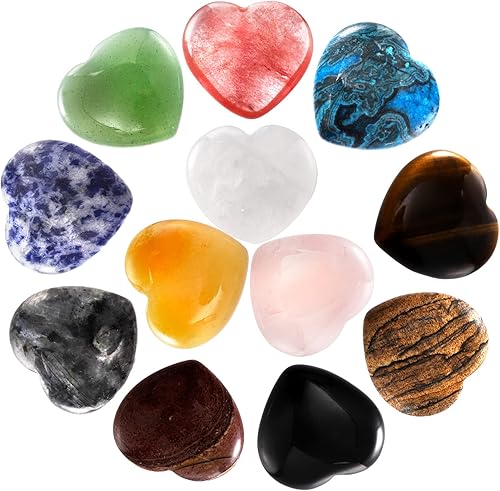 ZEAYEA 12 piedras en forma de corazón de 1 pulgada, piedras naturales para el amor, juego de cristales curativos de chakras para equilibrar reiki,