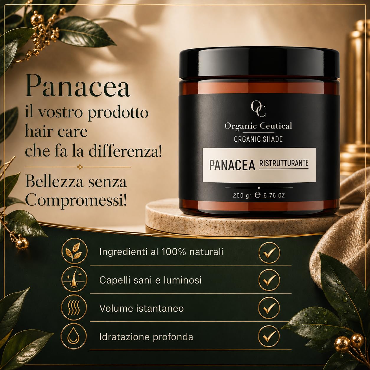 Panacea Impacco Ristrutturante Capelli 100% Naturale Made in Italy, Trattamento Volumizzante in Polvere con Altea, Semi di Lino, Soia e Arnica, Ricostruzione Capelli Danneggiati, 200 g